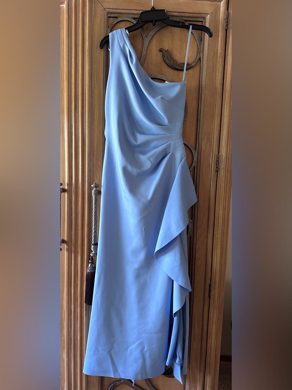 Xscape One-Shoulder Light Blue Draped Satin Evening Gown